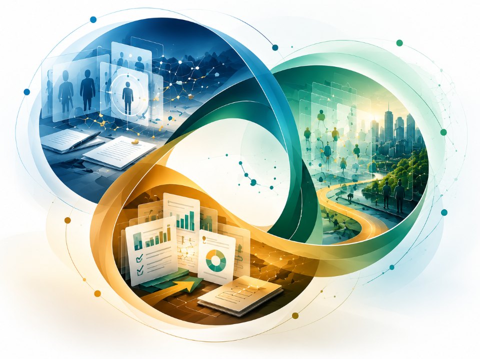 Three interlinked ribbons in blue, gold and green. The blue form holds people and research documents, the gold form holds practice reports and assessment charts, and the green form holds a city and pathway representing organisations and employment systems.