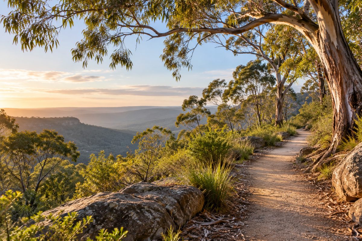 A bush track winding along a eucalyptus ridge above a wide valley at sunset